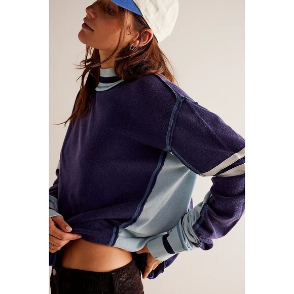 Free People We The Free Full Speed ​​T-shirt Navy Top Striped Cotton XS 282963